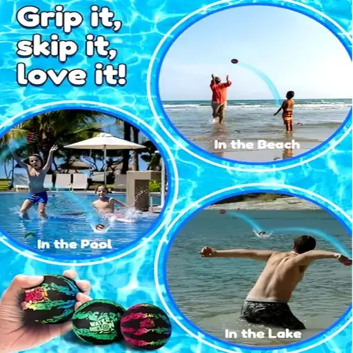 Promotional collage of people using the pool ball at beach, pool, and lake with slogan and close-ups