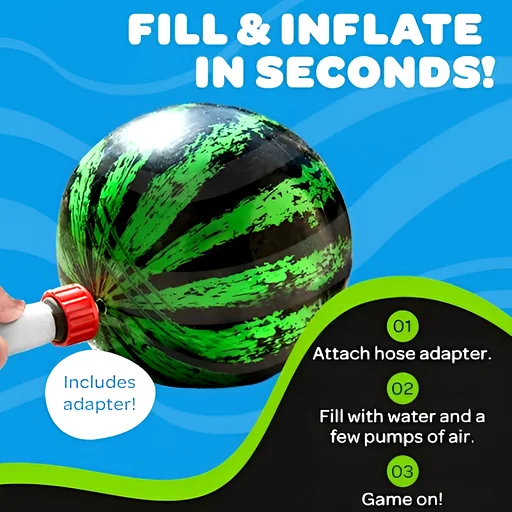 Inflatable pool ball shaped like a watermelon with green stripes and quick-inflation steps on dark background