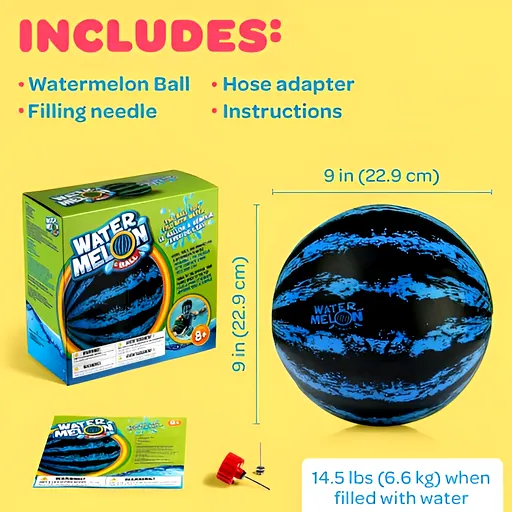 9-inch water-filled ball shown with hose adapter and needle, noting 14.5 lb full weight and travel-ready design