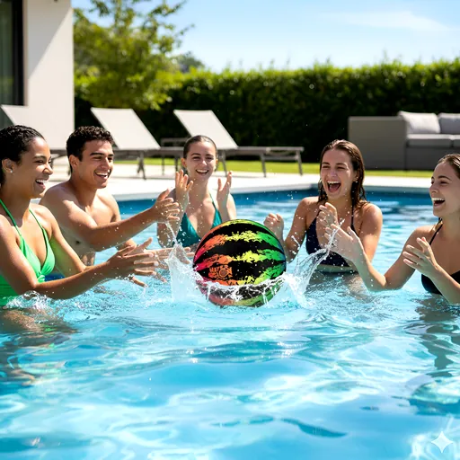 Multicolored pool ball mid-splash with blurred swimmers, shown as a watermelon pool ball style