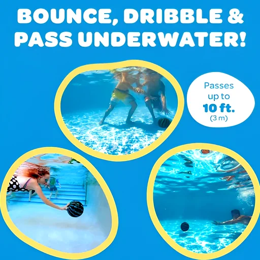 Three frames of players passing and dribbling pool balls up to 3 meters underwater in bright blue water