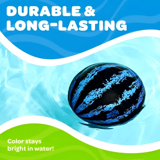 Black and blue striped ball floating in clear water with text about durability and color retention